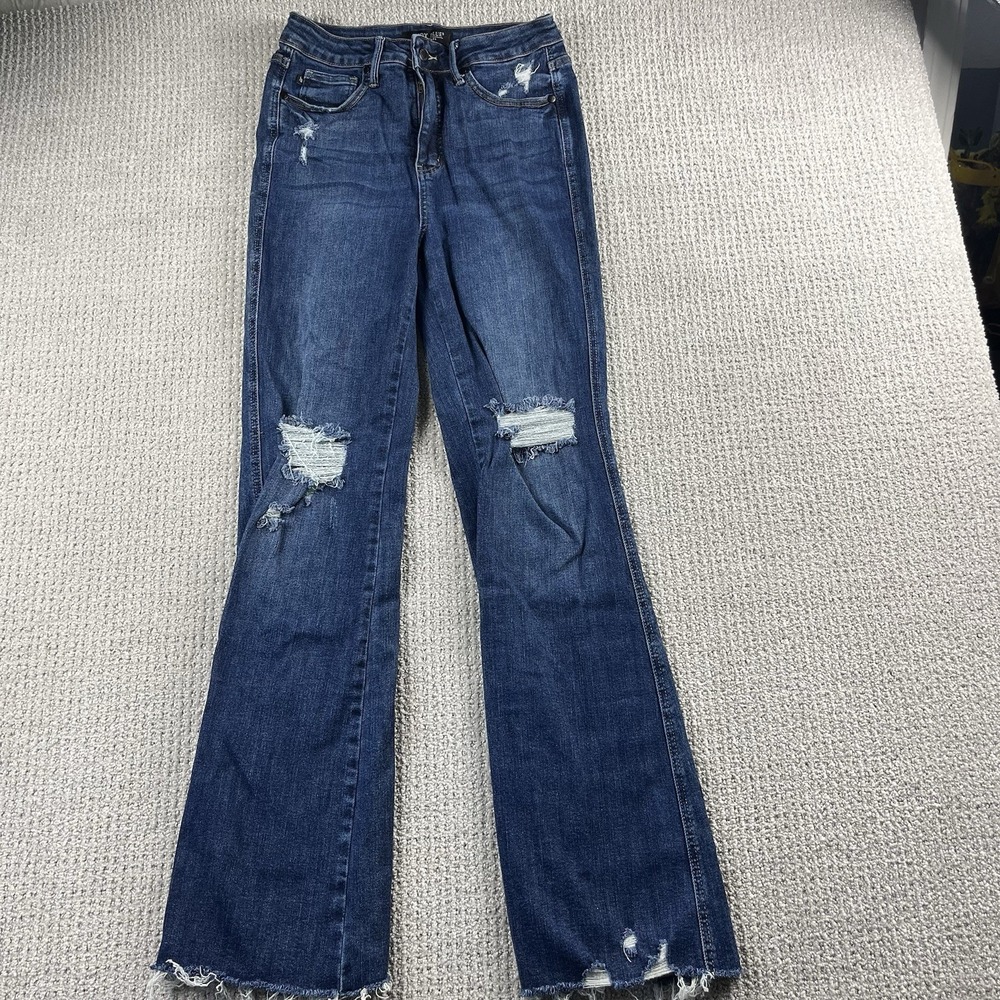 Judy Blue High Waist Flare Jeans Distressed Raw Hem Dark Wash JB88739 Size 7/28